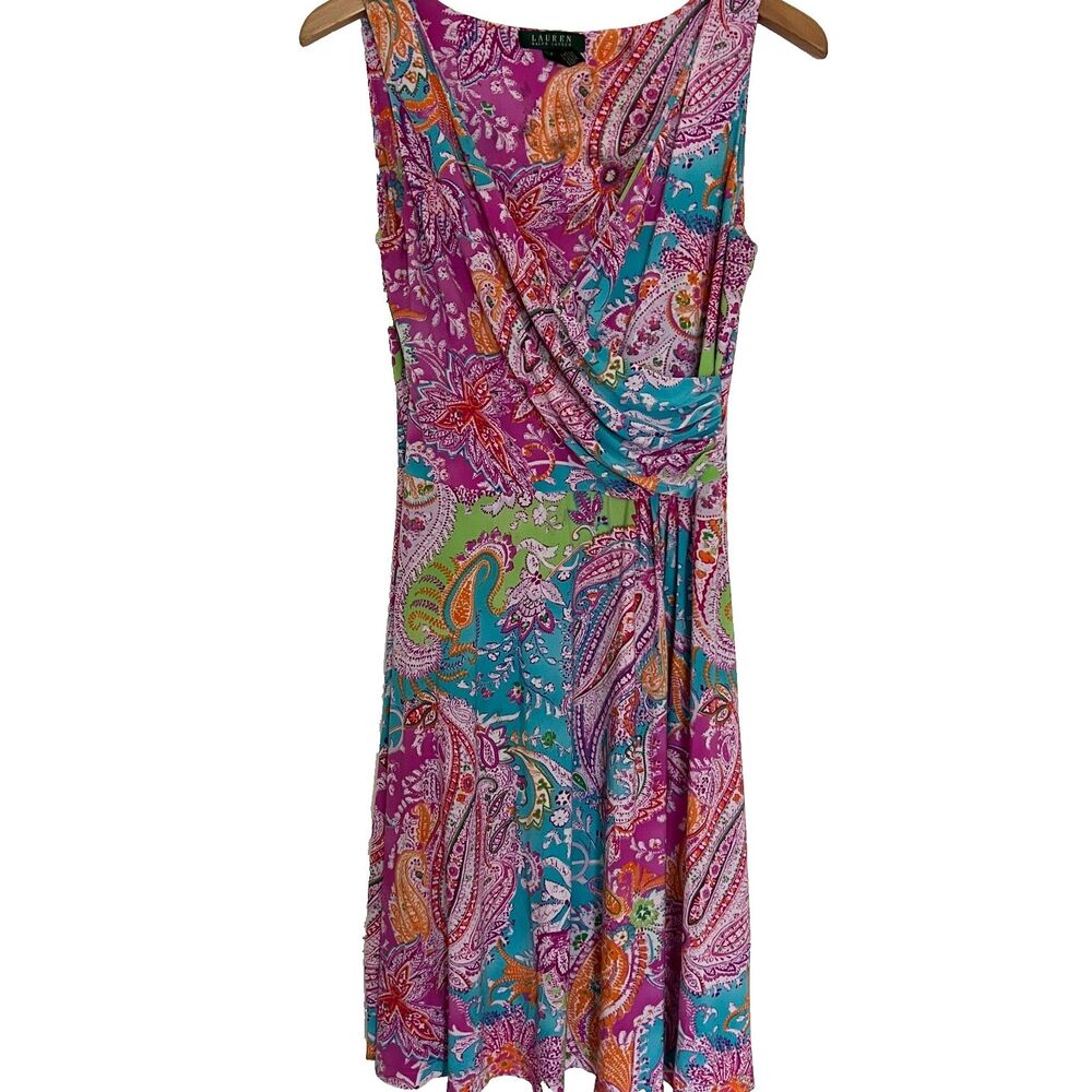 Lauren Ralph Lauren Dress S Vibrant Paisley Jersey Strectch Sleeveless Ruching